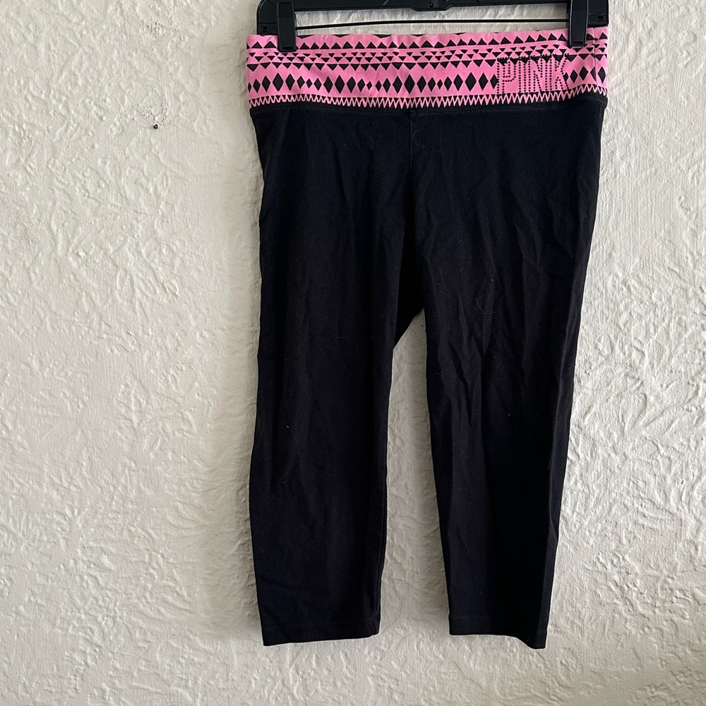 Victoria’s Secret Pink Crystal Bling Logo Black Cropped Leggings Small 2000s y2k